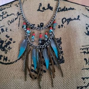 Claire's Southwestern Silvertone Blue Feather Pendant Collar Necklace w/ fringe